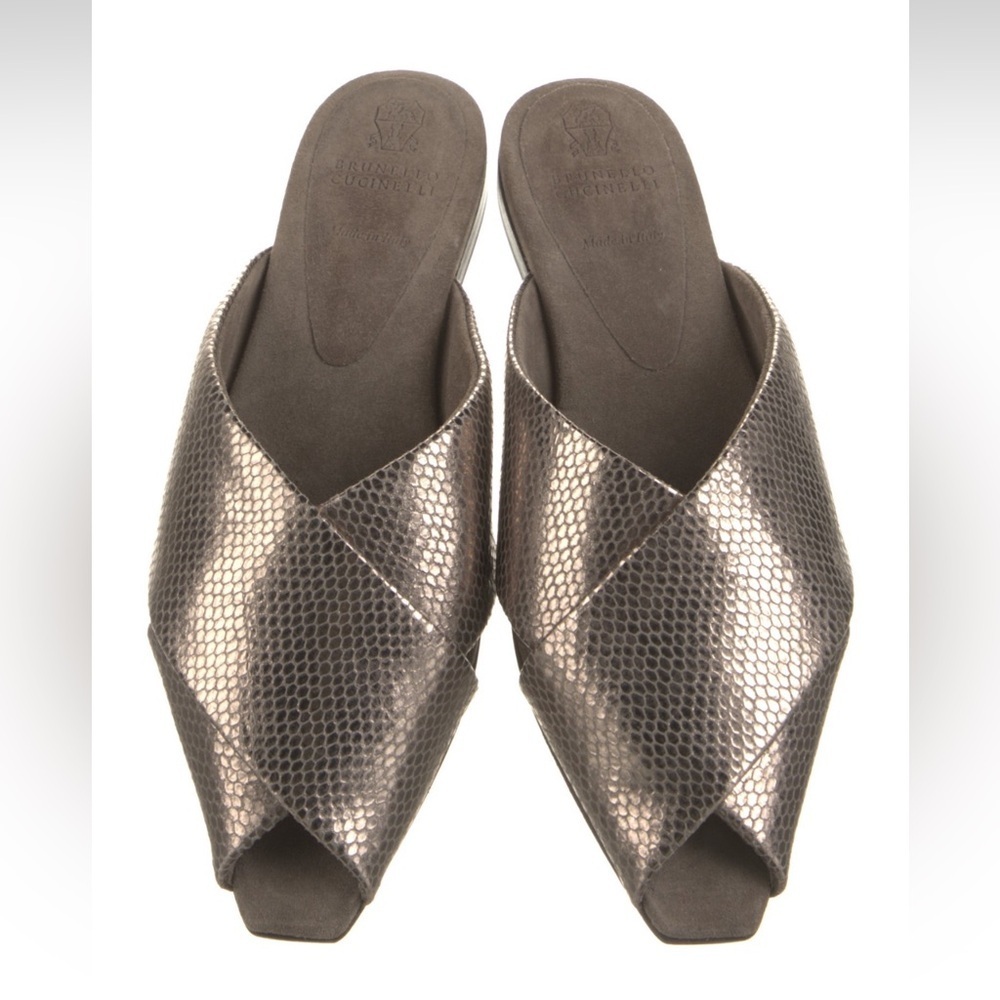 Brunello Cucinelli Crisscross Flat Slide Sandals size 38 women’s 8 metallic peep